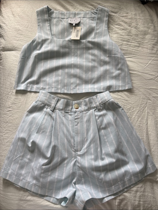 Mable Tops - Mable Light Blue and White Striped two piece Set - Crop Top & High-Waist Shorts